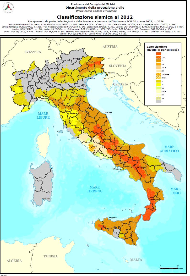 Zone sismiche in Italia 2012 Zone sismiche del territorio italiano con recepimento delle variazioni operate