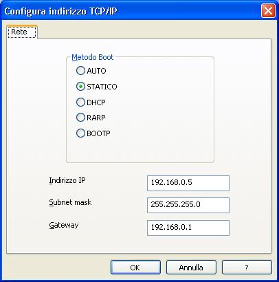 Configurazione di una stampante di rete d Scegliere Statico per Metodo Boot. Immettere Indirizzo IP, Subnet mask e Gateway (se necessario) del server di stampa.