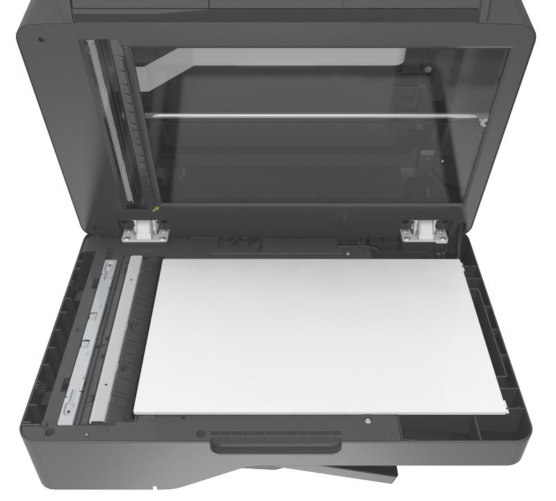 Manutenzione della stampante 155 Pulizia del vetro dello scanner 1 Aprire il coperchio dello scanner. 2 Pulire le aree mostrate con un panno morbido, umido e privo di lanugine.