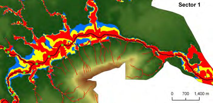 This could be indicating the presence of flood defences restricting the width of the fluvial landscape.