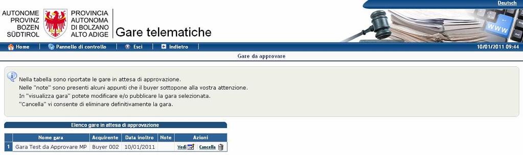 Il responsabile potrà cancellare la gara o vederla cliccando sui bottoni evidenziati.