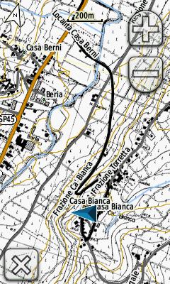 Esempi di mappe custom: esempio realizzato con cartografia raster CTR Regione Lombardia e TrekMap Le linee delle curve di livello, fiumi e strade sono sovrapposte alla mappa custom.