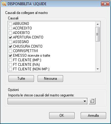 Questo mastro è stato collegato alle causali Apertura conto ed Emesso ricevute o tratte (scorrendo l elenco si potrebbero vedere ulteriori collegamenti, ad esempio alle causali Pagato