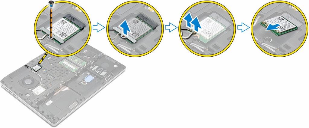 5. Seguire le procedure descritte in Dopo aver effettuato gli interventi sui componenti interni del computer. Rimozione della scheda Wireless Local Area Network (WLAN) 1.