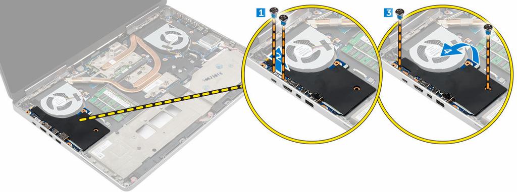 e. tastiera f. palm rest 3. Effettuare le seguenti operazioni per rimuovere la scheda I/O: a. Rimuovere le viti che fissano la scheda I/O al computer [1, 3]. b.