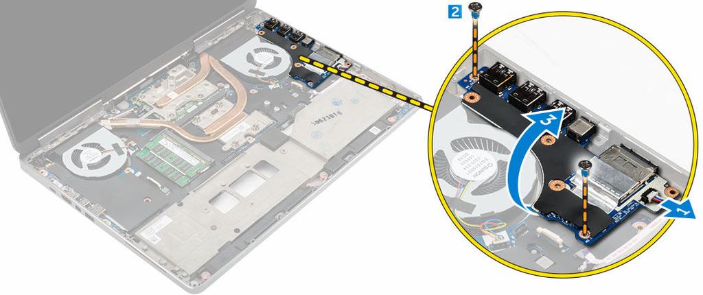 Installazione della scheda I/O (destra) 1. Collegare il connettore della scheda di Input/Output (I/O) e far scorrere la scheda di Input/Output (I/O) nel relativo slot del computer. 2.