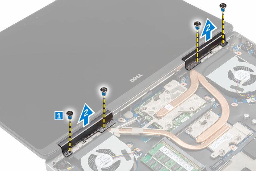 4. Effettuare le seguenti operazioni come illustrato nella figura: a. Capovolgere il computer e rimuovere le viti dalla base e dal retro del computer [1]. b. Estrarre i cavi dell'antenna attraverso il foro di instradamento [2].