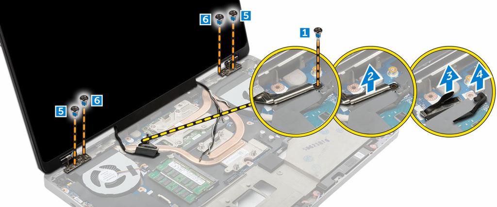 Installazione del gruppo dello schermo 1. Inserire le guide sul gruppo dello schermo negli slot del computer. 2. Serrare le viti che fissano il gruppo dello schermo in posizione. 3.