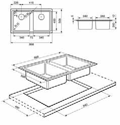 angolare vasca sinistra: 15 mm Dimensioni vasca sinistra: 340 x 400 x 200 mm Vasca destra raggiata Raggio angolare vasca destra: 15 mm Dimensioni vasca destra: 340 x 400 x 200 mm 2 fori miscelatore