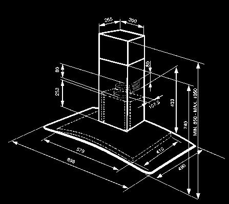 d'aspirazione intensiva 2 lampade LED Spegnimento automatico 2 filtri antigrasso in alluminio Condotto di espulsione Ø 150 mm Valvola di non ritorno Capacità massima d'aspirazione in modalità