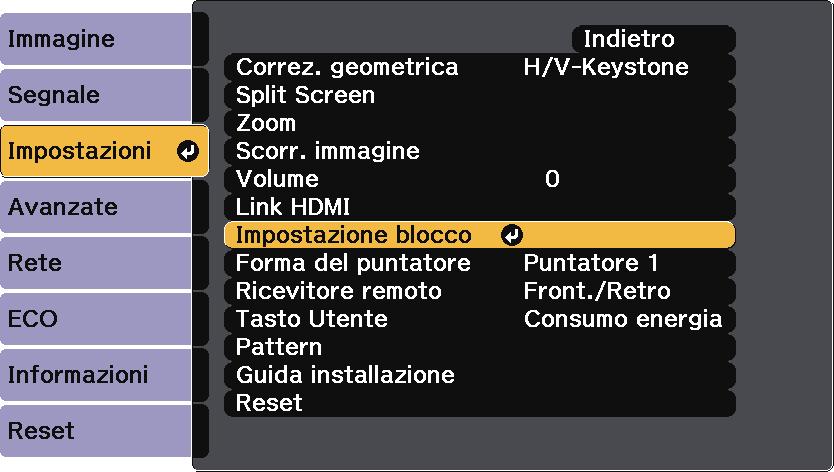 Funzioni di sicurezz del proiettore 176 Blocco dei tsti del proiettore I tsti sul pnnello di controllo possono essere bloccti per evitre che chiunque usi il proiettore.