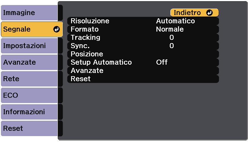 Impostzioni segnle in ingresso - Menu Segnle 214 Normlmente il proiettore rilev e ottimizz utomticmente le impostzioni del segnle in ingresso.