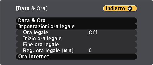 Impostzione di dt e or 52 È possibile impostre l dt e l'or del proiettore. b Accendere il proiettore. Premere il tsto [Menu] sul pnnello di controllo o sul telecomndo.