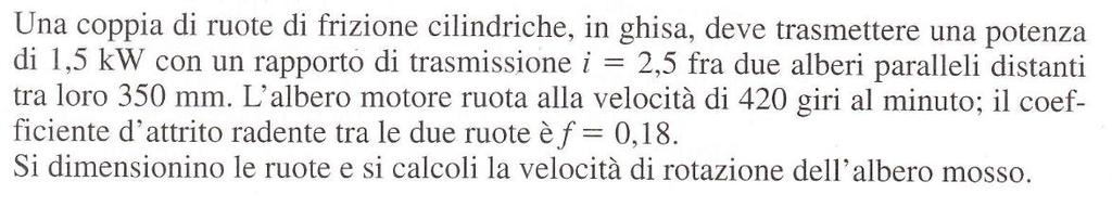 Esercitazione dimensionamento ruote di frizione cilindriche Formule di calcolo da utilizzare: Sistema di 2 equazione in 2 incognite r 1 e r 2 (noti i e