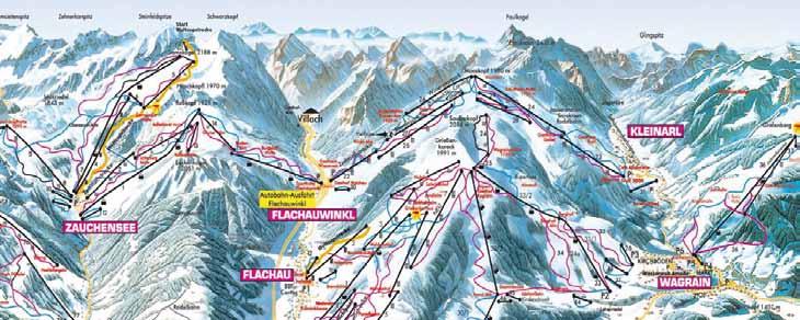 SPORTWELT AMADÉ Visinska razlika: 650-2300 m nadmorske visine Ukupno staza: 350 km Plavih: 113 km Crvenih: 199 km Crnih: 38 km Prekrivenost topovima: da Sjedalnica: 60 Vučnica: 33 Gondola: 10 Kako