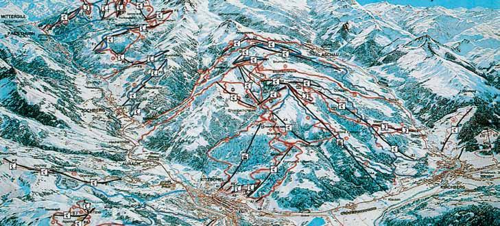 TIROL KITZBÜHELER ALPEN Visinska razlika: 800-2000 m nadmorske visine Ukupno staza: 168 km Plavih: 67 km Crvenih: 78 km Crnih: 23 km Prekrivenost topovima: da Vučnica: 14 Sjedalnica: 28 Gondola: 9