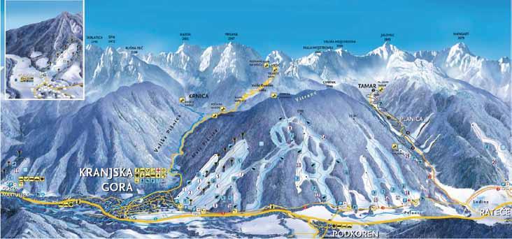 SLOVENIJA KRANJSKA GORA - PODKOREN Visinska razlika: 810-1295 m nadmorske visine Ukupno staza: 20 km Plavih: 10 km Crvenih: 8 km Crnih 2 km Prekrivenost topovima: da Vučnica: 15 Sjedalnica: 6 Kako