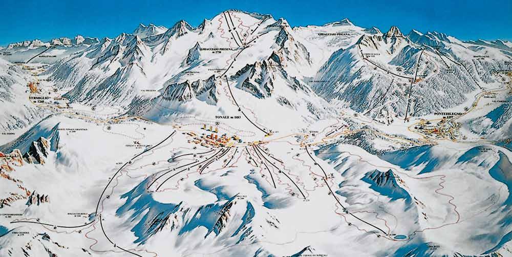 ITALIJA PASSO TONALE / PONTE DI LEGNO Visinska razlika: 1883-3016 m nadmorske visine Ukupno staza: 100 km Plavih: 20 km Crvenih: 64 km Crnih: 16 km Prekrivenost topovima: da Vučnica: 8 Sjedalnica: 19