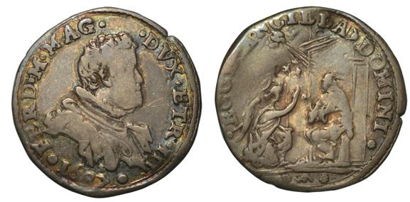 4,51 Rarissima MB/ 450 Giulio 1590 (Con ritratto - I serie). Busto corazzato a d. R/ L Annunciazione della Beata Vergine; all esergo, data. MIR. 231/2.