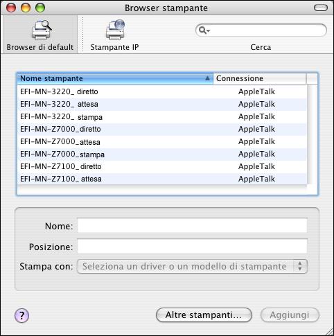 CONFIGURAZIONE DELLA STAMPA SU MAC OS X 11 2 Fare clic su Aggiungi. 3 Selezionare la scheda Browser di default o Stampante IP.