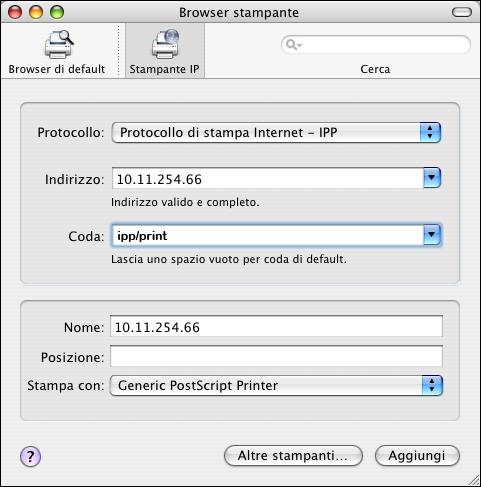 CONFIGURAZIONE DELLA STAMPA SU MAC OS X 12 Per Stampante IP, selezionare Protocollo di stampa Internet - IPP, digitare l indirizzo IP o il nome DNS della stampante nel campo Indirizzo.