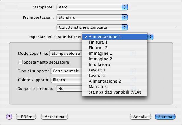 STAMPA DA COMPUTER MAC OS X 25 19 Selezionare Caratteristiche stampante e selezionare una specifica categoria di opzioni.