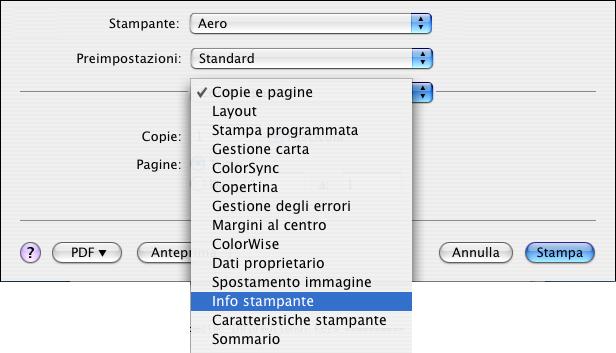 STAMPA DA COMPUTER MAC OS X 29 3 Selezionare Info stampante o ColorWise, quindi fare clic sull opzione