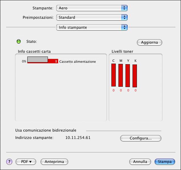 STAMPA DA COMPUTER MAC OS X 30 6 Per aggiornare lo stato della macchina da stampa digitale nella finestra Info stampante, fare clic su Aggiorna.