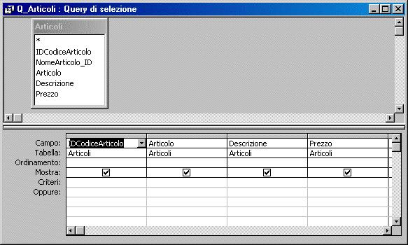 Appare la seguente Struttura di una query Il riquadro in alto visualizza la tabella o le tabelle utilizzate nella query.