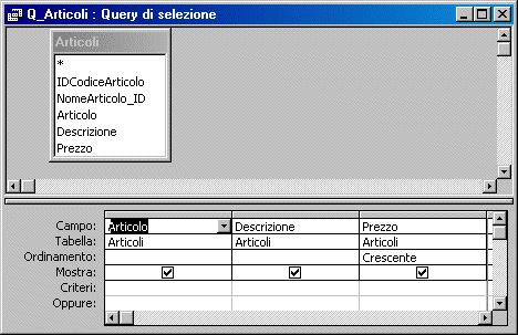 Ordinamento: consente di ordinare i risultati della query in modo crescente o decrescente. Mostra: consente di visualizzare o nascondere un campo nel foglio di risposta.