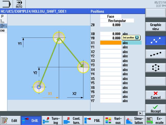 Esempio 4: Albero cavo 9.2 Creazione del primo lato del pezzo Selezionare il softkey Posizioni. Immettere la posizione dei fori (cfr. figura seguente).