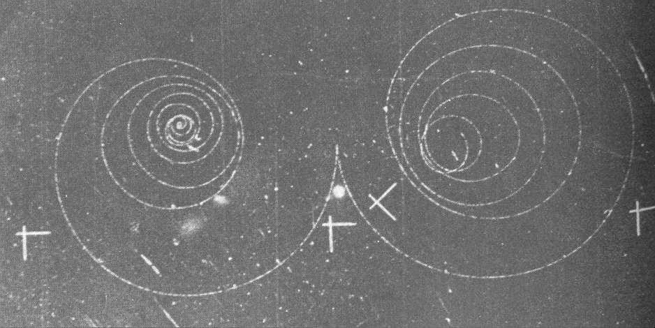 Figura 3: Un fotone da luogo alla produzione di una coppia elettrone positrone: γ e +e +, in una camera a bolle contenente idrogeno e sottomessa ad un campo magnetico.