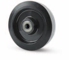 Wheel with elastic rubber tyre 68 Sh A. Polyamide 6 centre. Hub on shielded ball bearings or roller bearings.