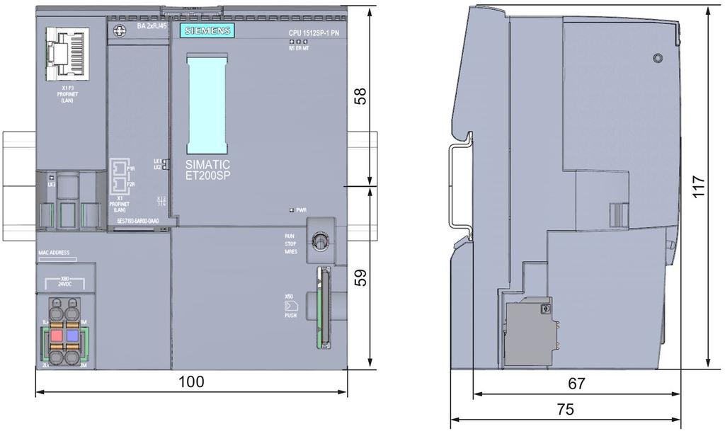 Disegno quotato A In questo capitolo è riportato il disegno quotato del modulo montato su una guida profilata. Per il montaggio in armadi, cabine elettriche ecc.