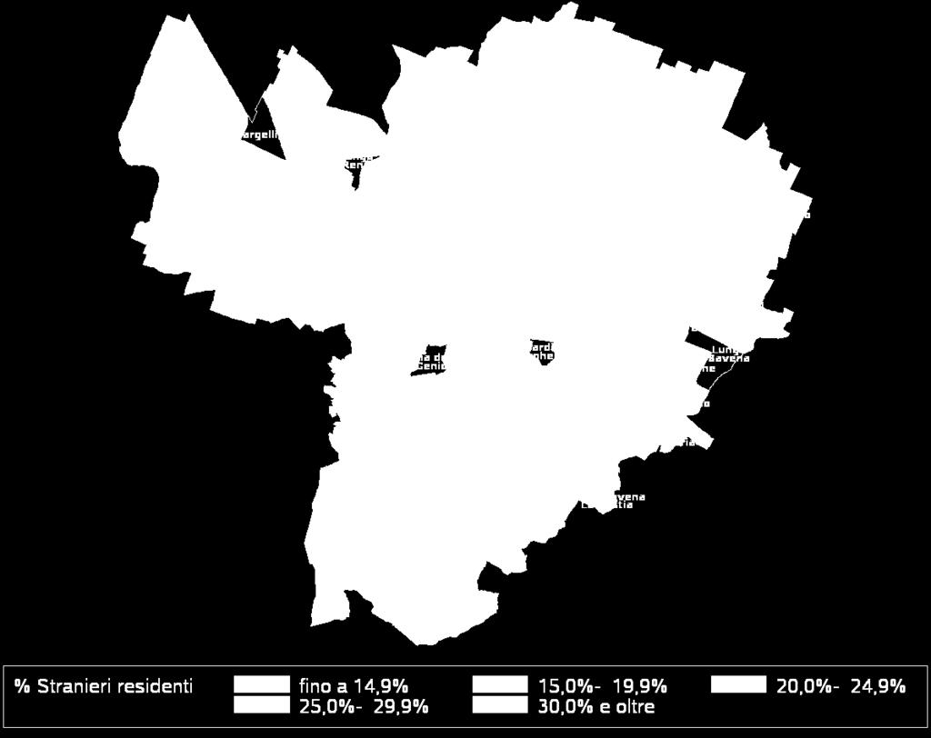 Tuttavia l'incidenza dei minori in età pre-scolare e scolare sul totale dei residenti è piuttosto differenziata sul territorio comunale come emerge dal cartogramma.