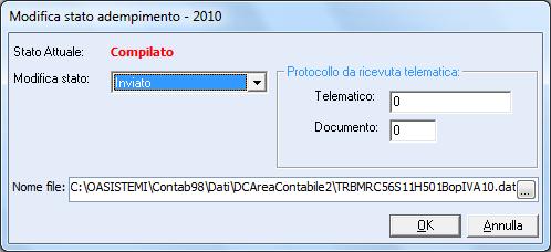 Dopo l invio del file telematico, se si imposta lo stato dell adempimento in Inviato, è possibile inserire il protocollo telematico e il protocollo documento, questi valori saranno usati in caso di