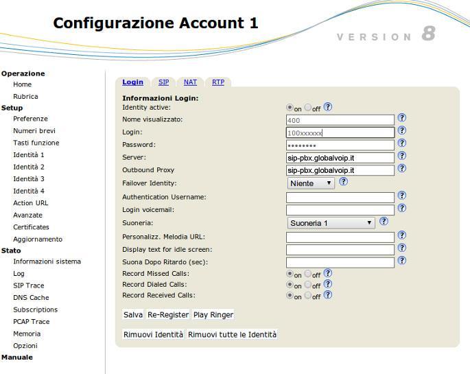 Nome visualizzato: inserire il numero dell'interno da configurare (es. 400). Login: XXXXX Password: YYYYY Server: sip-pbx.globalvoip.