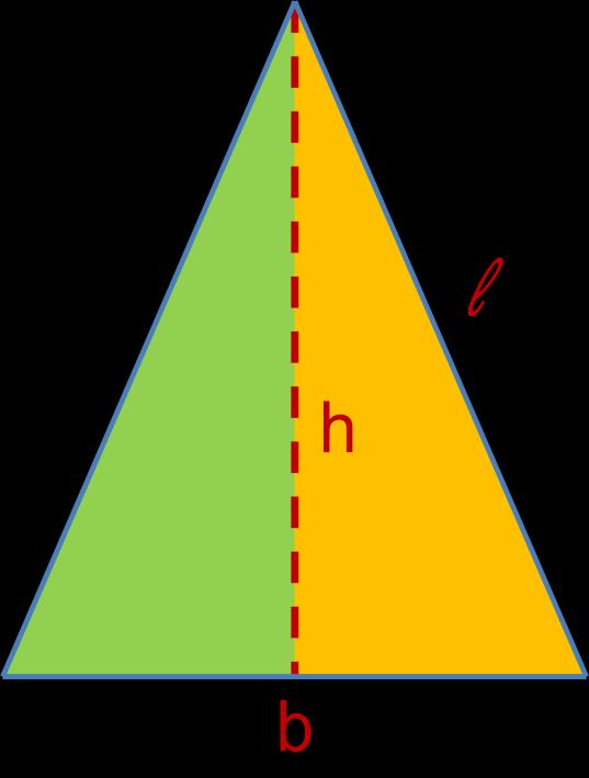 Triangolo isoscele l = h + b h = l b b = l h Esempio: In un triangolo isoscele la base misura 6 cm e l altezza misura 4 cm; calcola la misura del perimetro.
