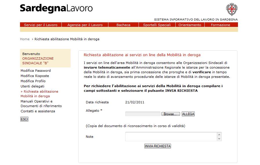 Figura 8 Form on line Richiesta Abilitazione Alla richiesta di abilitazione deve essere allegato il documento di riconoscimento, in corso di validità, del referente delle OO.SS.