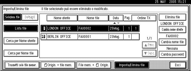 Trasmissione di un file memorizzato E Modificare le informazioni del documento memorizzato. Premere i tasti relativi agli elementi da modificare. F Premere [Esci]. G Premere [OK].