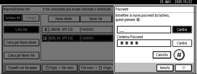 Memorizzare un documento La macchina Immettere il nome file A Premere [Cambia nome file]. B Premere [Backspace] o [Elim. tutto] e immettere nuovamente il nome file. 5 C Premere [OK].