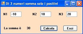 PROBLEMA20: Scrivere un algoritmo che dati 3 numeri N1, N2 e N3 positivi e negativi, calcoli la somma dei numeri positivi e la stampi a video.