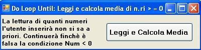 'inizio ciclo do loop until Do ' lettura dei numeri num = Val(InputBox(x)) If (num = 0) Then cont = cont + 1 loop until (num < 0) 'fine ciclo do loop until se la condizione è vera MsgBox("Hai