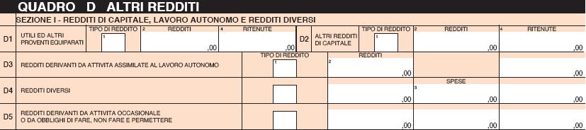 Il quadro è diviso in due Sezioni: nella prima vanno indicati i redditi di capitale, i redditi di lavoro autonomo e i redditi diversi; nella seconda vanno indicati i redditi soggetti a tassazione