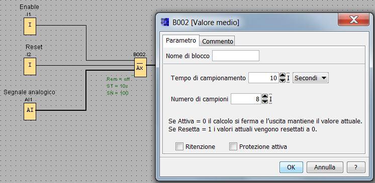 Il segnale di Reset, con un fronte positivo, resetta a 0 l uscita. Facendo doppio click sul blocco funzione Valore medio, si accede ai parametri della funzione (fig.12).