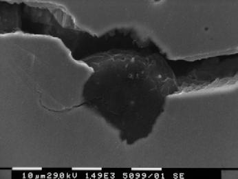 75, K = 8 MPa m) Nel caso della ghisa ferrito-perlitica, la ramificazione della cricca diviene decisamente più importante rispetto alla ghisa sferoidale a matrice ferritica (Fig.