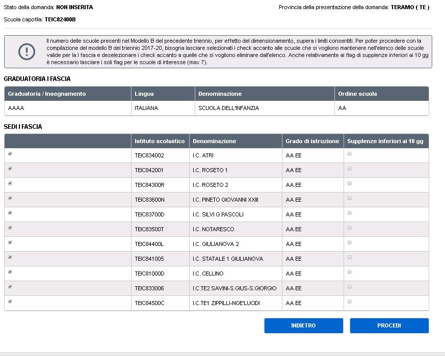 All aspirante che ne ha diritto, se ha sedi di I fascia che superano i limiti normativi, viene mostrata una pagina con l elenco delle sedi GIA selezionate ed un bottone procedi.
