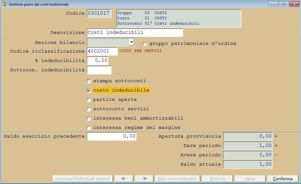 1. Operazioni comuni alle tre tipologie di contabilità in: menù Archivi->Piano dei conti richiamare i sottoconto di costo indeducibile e vistare la casella