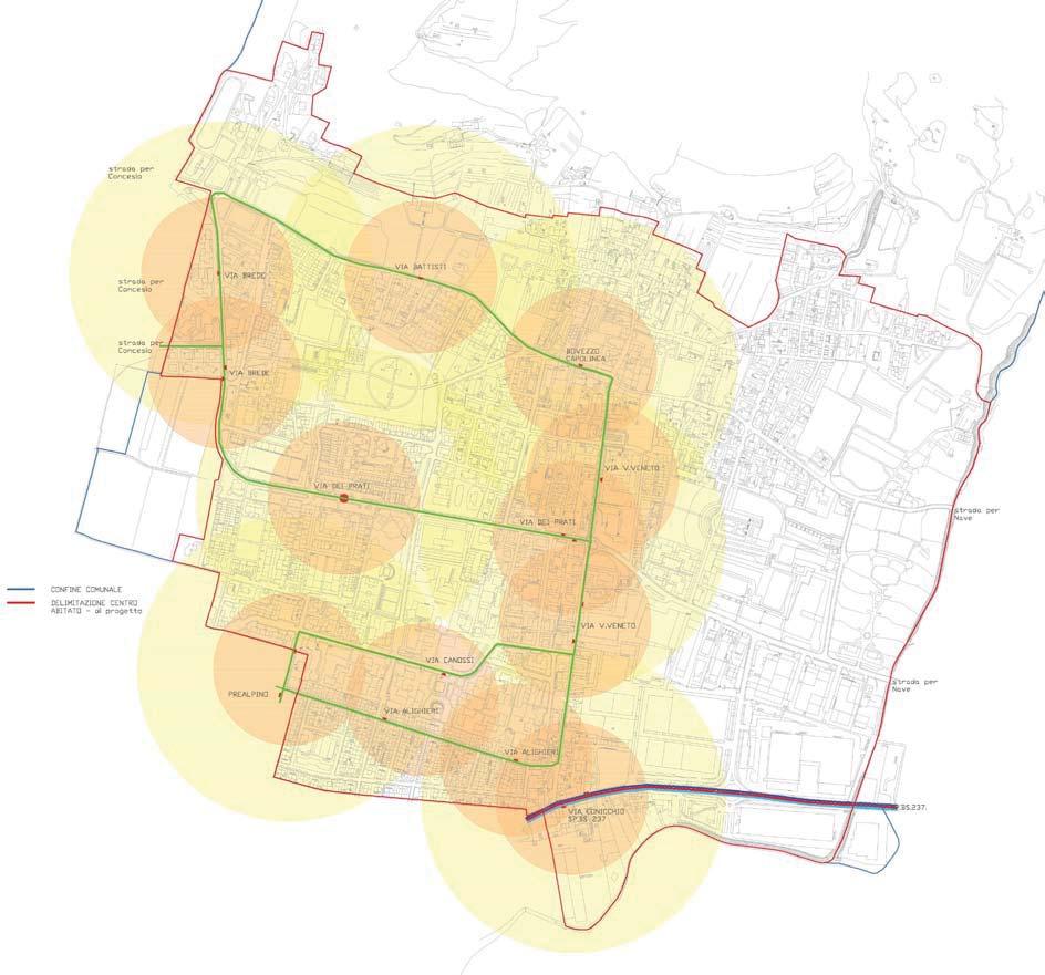 Figura 17 linee del trasporto pubblico locale urbano ed extraurbano con fermate ed aree di influenza Le fermate della linea urbana 10 sono distribuite in prossimità dei principali poli attrattori e