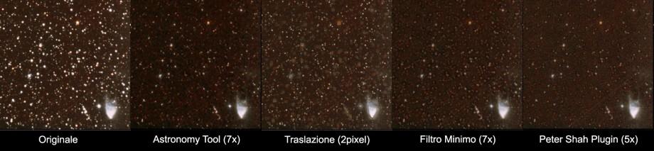 La prima immagine rappresenta una regione di 400 x 400 pixel dello scatto originale. Si può osservare come la nebulosa sia ben visibile ma le stelle risultato sature e abbastanza dilatate.